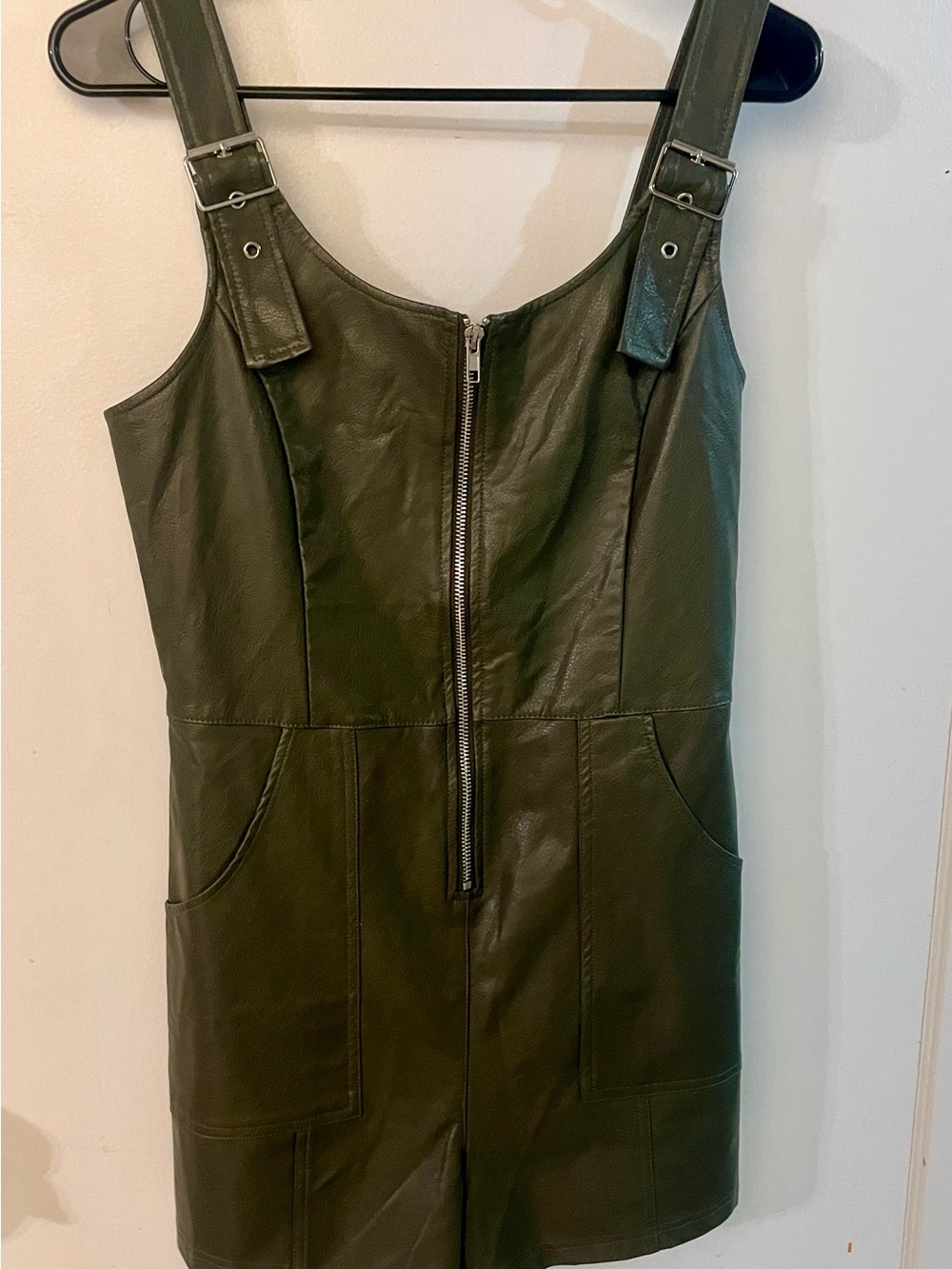 Olive Green Faux Leather Pinafore Romper with Front Zip